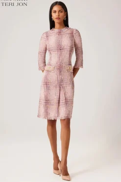 Plaid Pattern Tweed Jewel Neckline 3/4 Sleeve Dress
