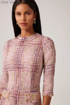 Plaid Pattern Tweed Jewel Neckline 3/4 Sleeve Dress