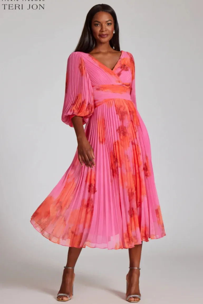 Printed Chiffon Pleated Full Sleeve Dress