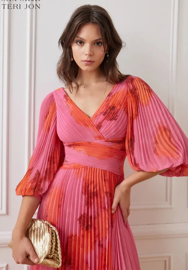 Printed Chiffon Pleated Full Sleeve Dress