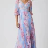 Printed Chiffon Pleated V Neck Gown