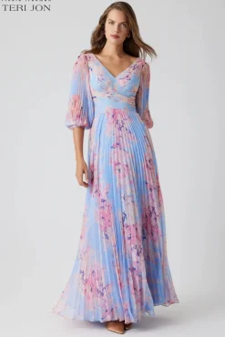 Printed Chiffon Pleated V Neck Gown