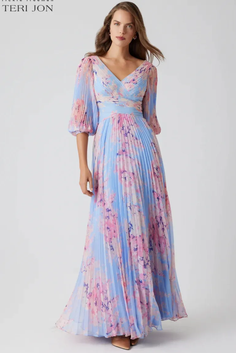 Printed Chiffon Pleated V Neck Gown