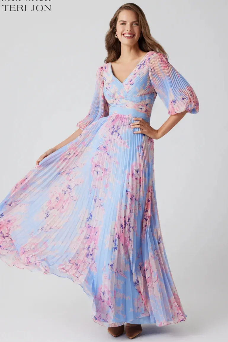 Printed Chiffon Pleated V Neck Gown