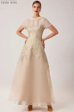 Roll Neck Cap Sleeve Metallic Organza Jacquard Gown