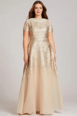Roll Neck Cap Sleeve Metallic Organza Jacquard Gown