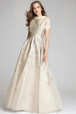 Roll Neck Cap Sleeve Metallic Organza Jacquard Gown