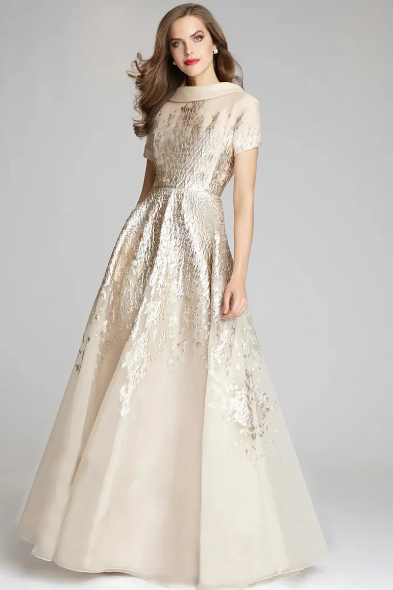 Roll Neck Cap Sleeve Metallic Organza Jacquard Gown