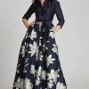 Shirt Waist Jacquard Gown with Large Floral Print Skirt