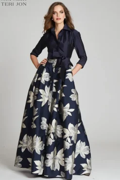 Shirt Waist Jacquard Gown with Large Floral Print Skirt