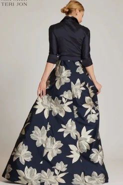 Shirt Waist Jacquard Gown with Large Floral Print Skirt
