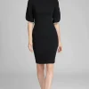Short Sleeve Pearl Trim Crepe Sheath Dress