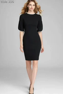 Short Sleeve Pearl Trim Crepe Sheath Dress