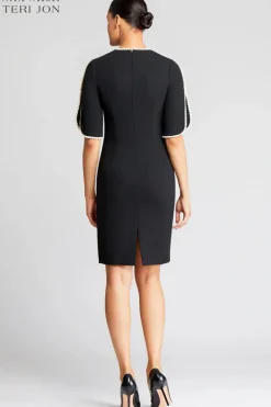 Short Sleeve Pearl Trim Crepe Sheath Dress