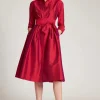 3/4 Sleeve Belted Taffeta Shirt Dress