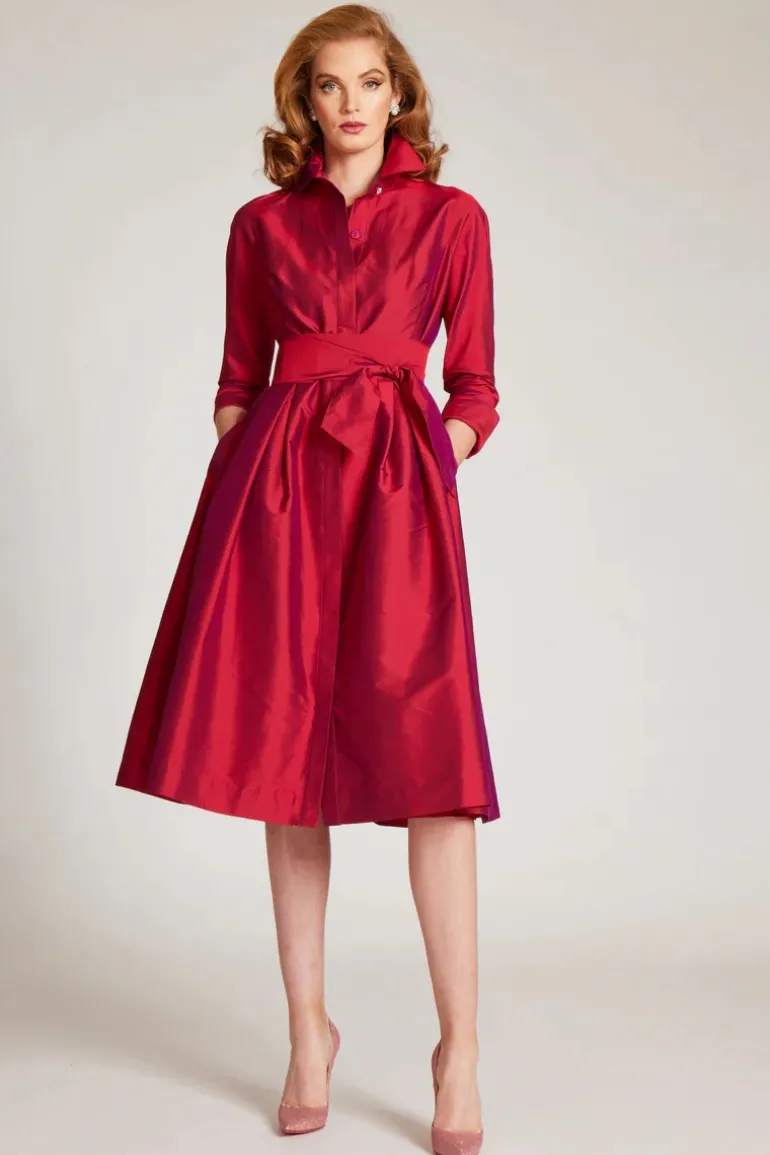 3/4 Sleeve Belted Taffeta Shirt Dress