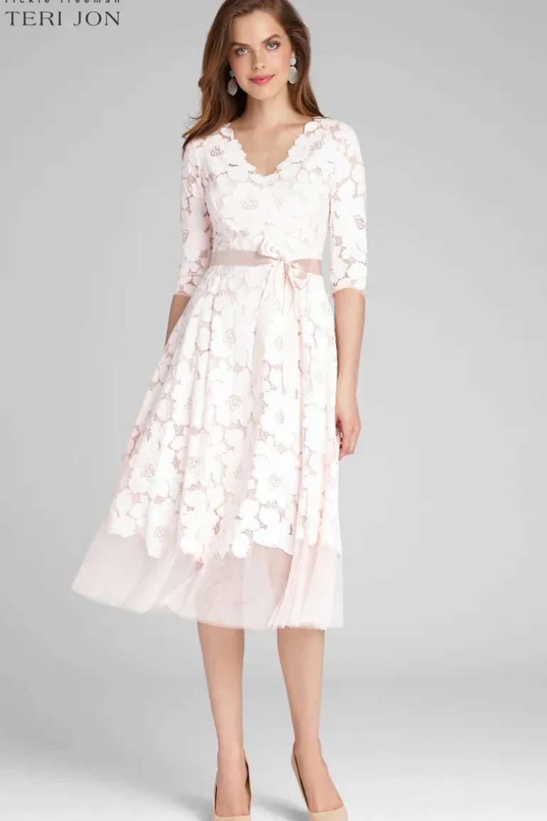 3/4 Sleeve Lace and Tulle Fit And Flare Dress