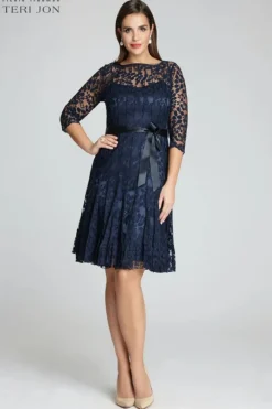 3/4 Sleeve Lace Fit And Flare Dress with Bow