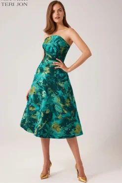 Strapless Jacquard Fit And Flare Midi Dress
