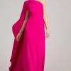 Stretch Crepe Cape One Shoulder Sleeve Gown