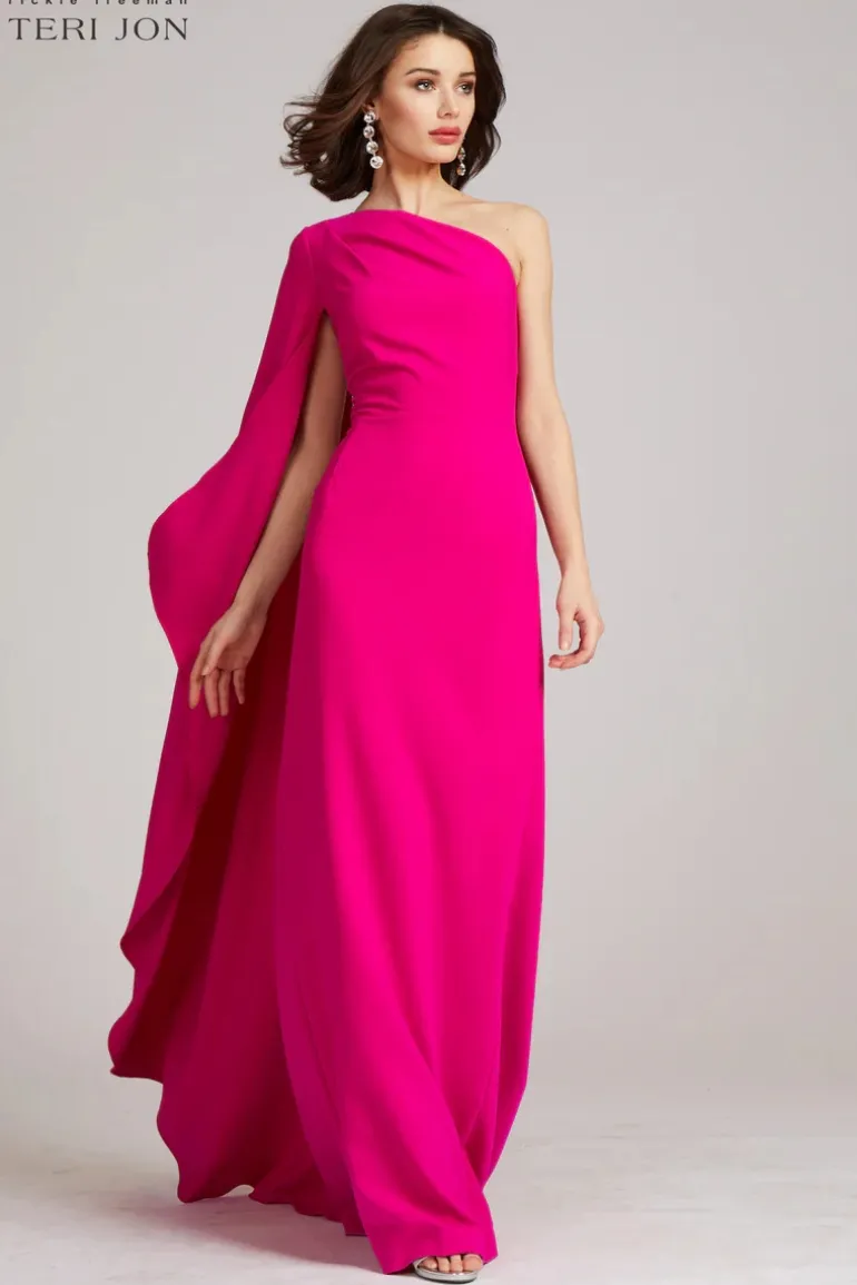 Stretch Crepe Cape One Shoulder Sleeve Gown