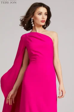 Stretch Crepe Cape One Shoulder Sleeve Gown