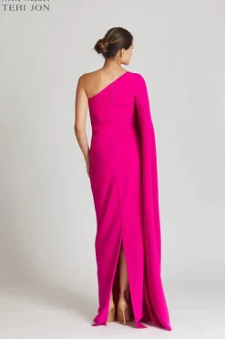 Stretch Crepe Cape One Shoulder Sleeve Gown