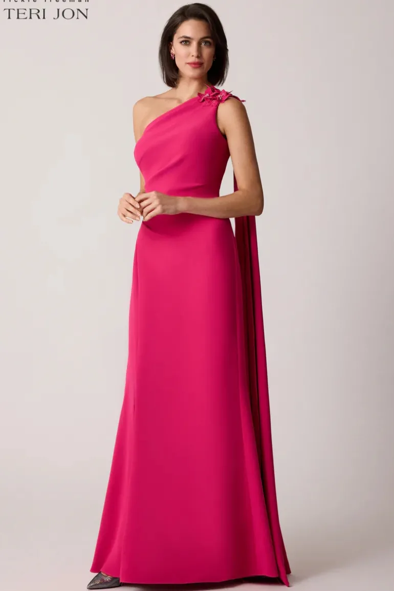 Stretch Crepe One Flower Shoulder Gown