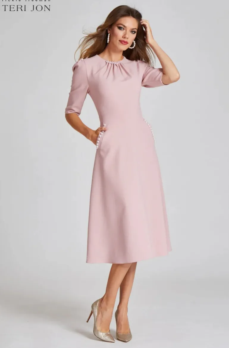 Stretch Crepe Pearl Trim Cocktail Dress
