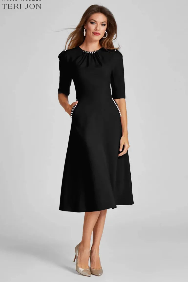 Stretch Crepe Pearl Trim Cocktail Dress