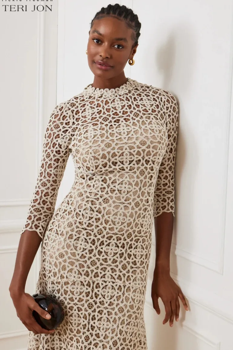 Stretch Crochet 3/4 Sleeve High Low Hem Dress