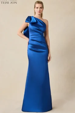 Stretch Gazar One Shoulder Bow Evening Gown