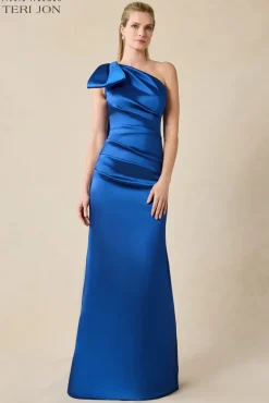 Stretch Gazar One Shoulder Bow Evening Gown