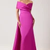 Stretch Gazar Portrait Gown With Attached Cape
