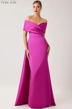 Stretch Gazar Portrait Gown With Attached Cape