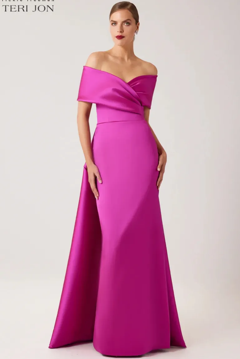 Stretch Gazar Portrait Gown With Attached Cape