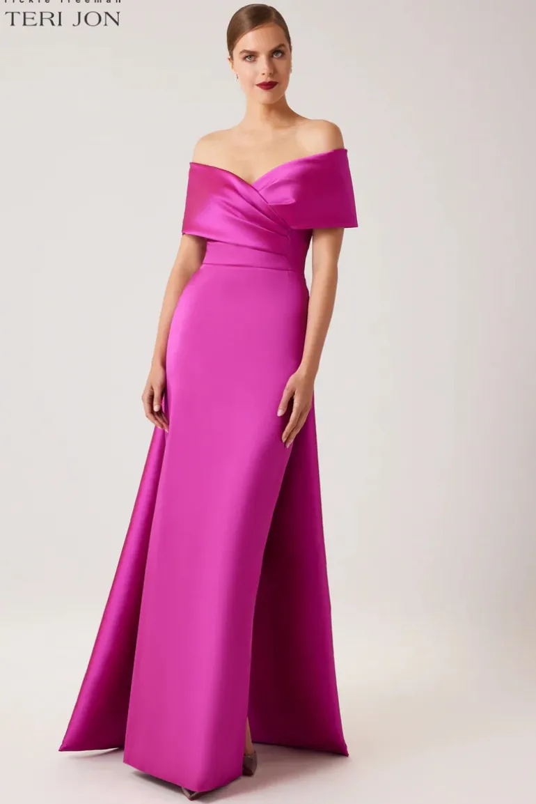 Stretch Gazar Portrait Gown With Attached Cape
