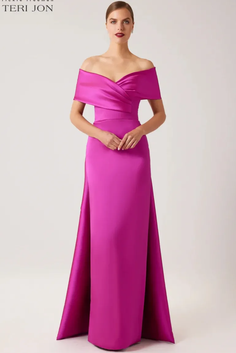 Stretch Gazar Portrait Gown With Attached Cape