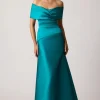 Stretch Mikado Off Shoulder Ruched Gown