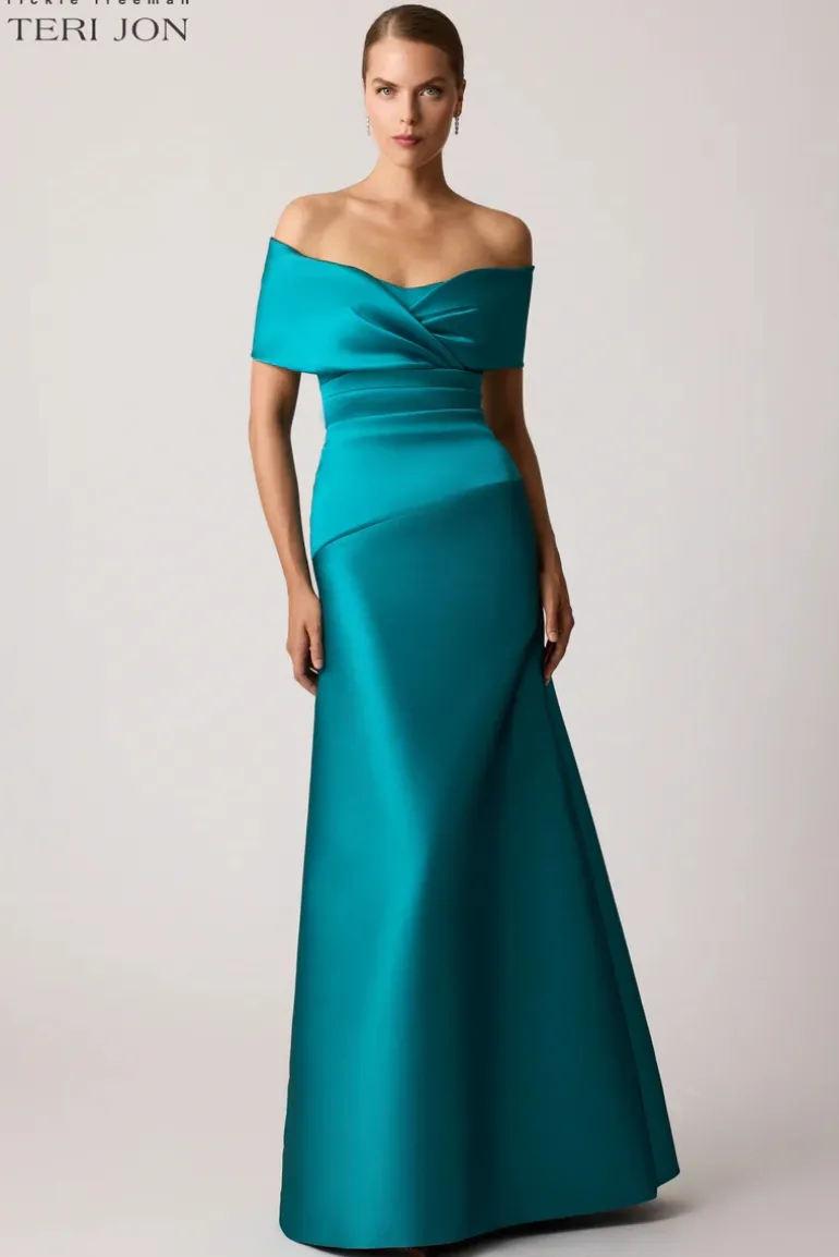 Stretch Mikado Off Shoulder Ruched Gown