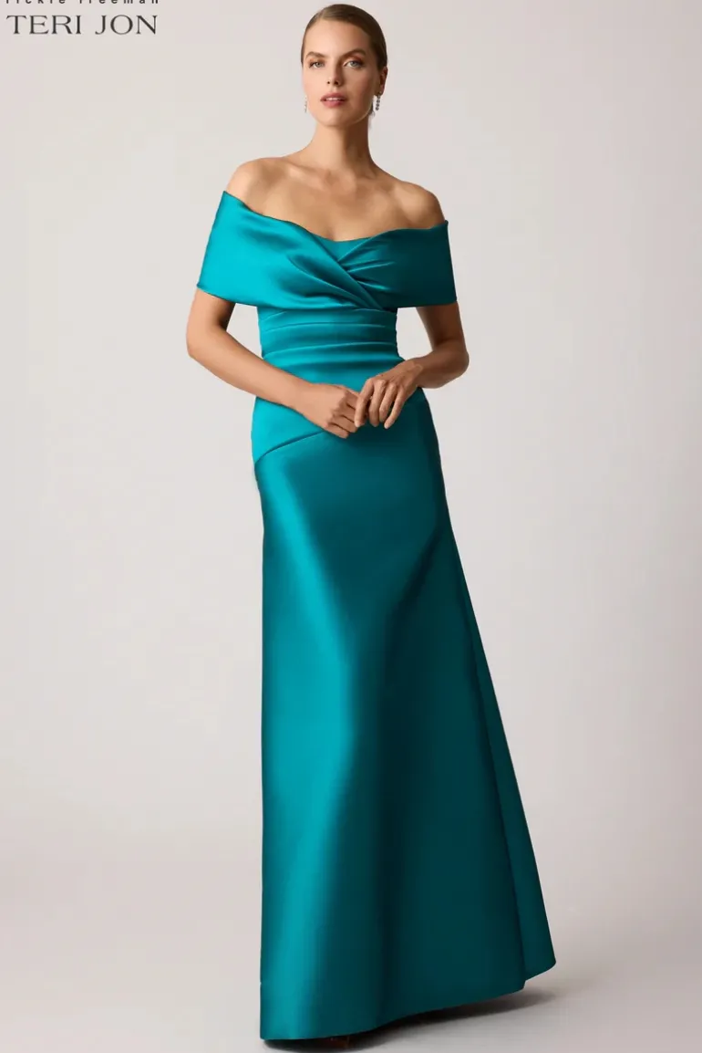 Stretch Mikado Off Shoulder Ruched Gown