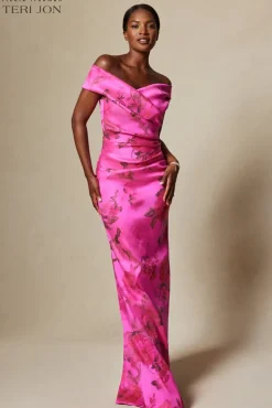 Stretch Printed Gazar Draped Off Shoulder Gown