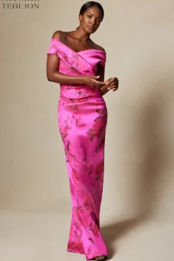 Stretch Printed Gazar Draped Off Shoulder Gown