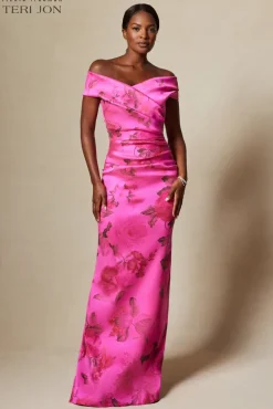 Stretch Printed Gazar Draped Off Shoulder Gown