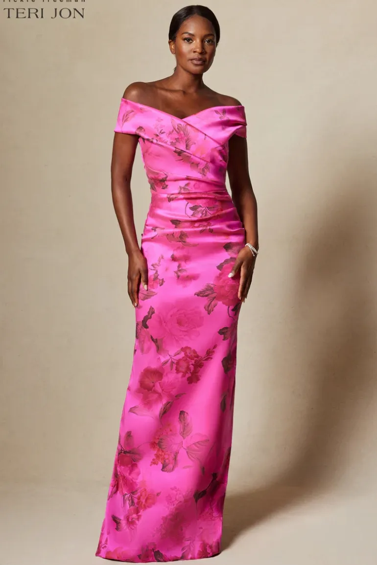 Stretch Printed Gazar Draped Off Shoulder Gown