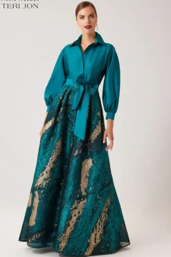 Taffeta and Metallic Jacquard Shirt Waist Gown