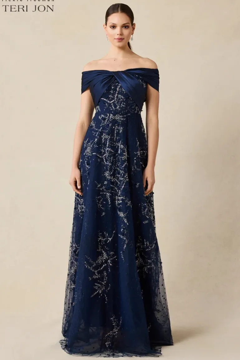 Taffeta Off Shoulder Twist Beaded Tulle Gown