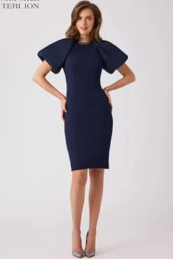 Taffeta Puff Sleeve Crepe Sheath Dress