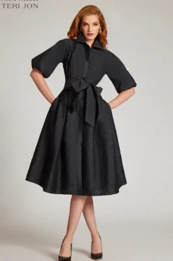 Taffeta Sequin Embellished Puff Sleeve Dress