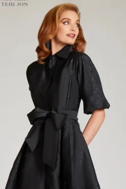 Taffeta Sequin Embellished Puff Sleeve Dress